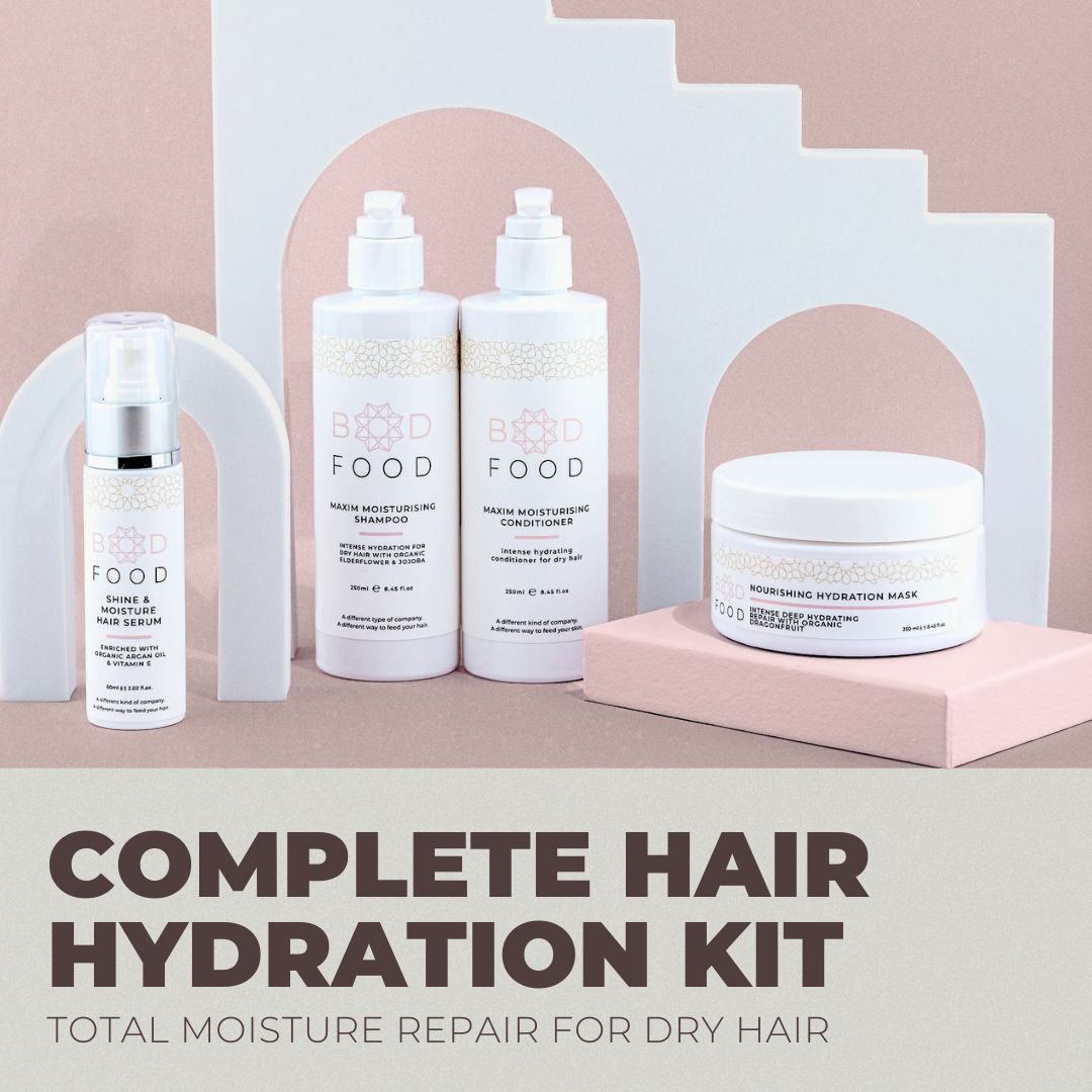 Stylized product photo of the Complete Hair Hydration Kit product line