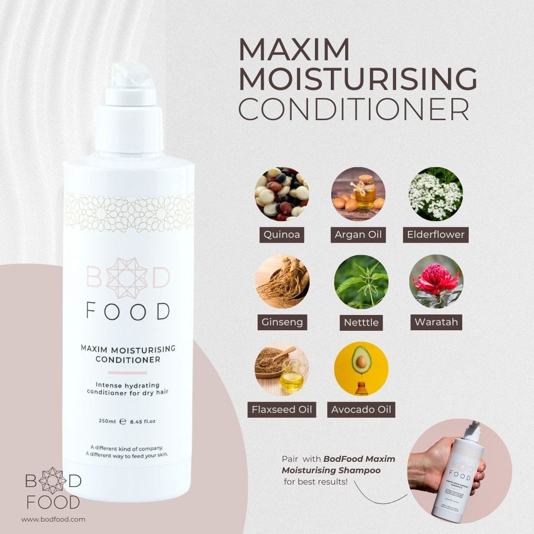 Infographic showcasing the ingredients that can be found in the Maxim Moisturising Conditioner