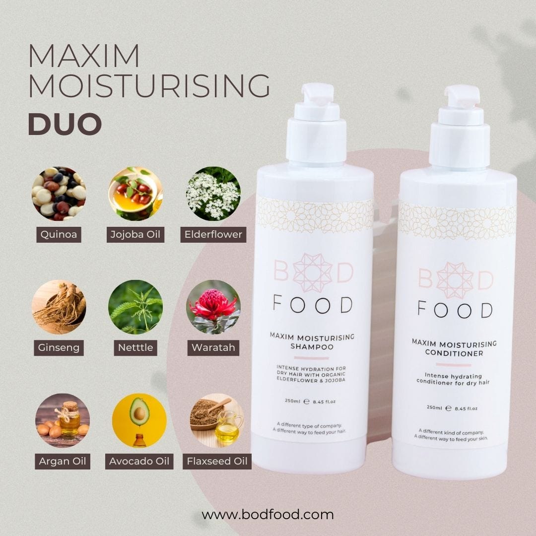 Infographic showcasing the ingredients used and featured in the Maxim Moisturisng Duo product line