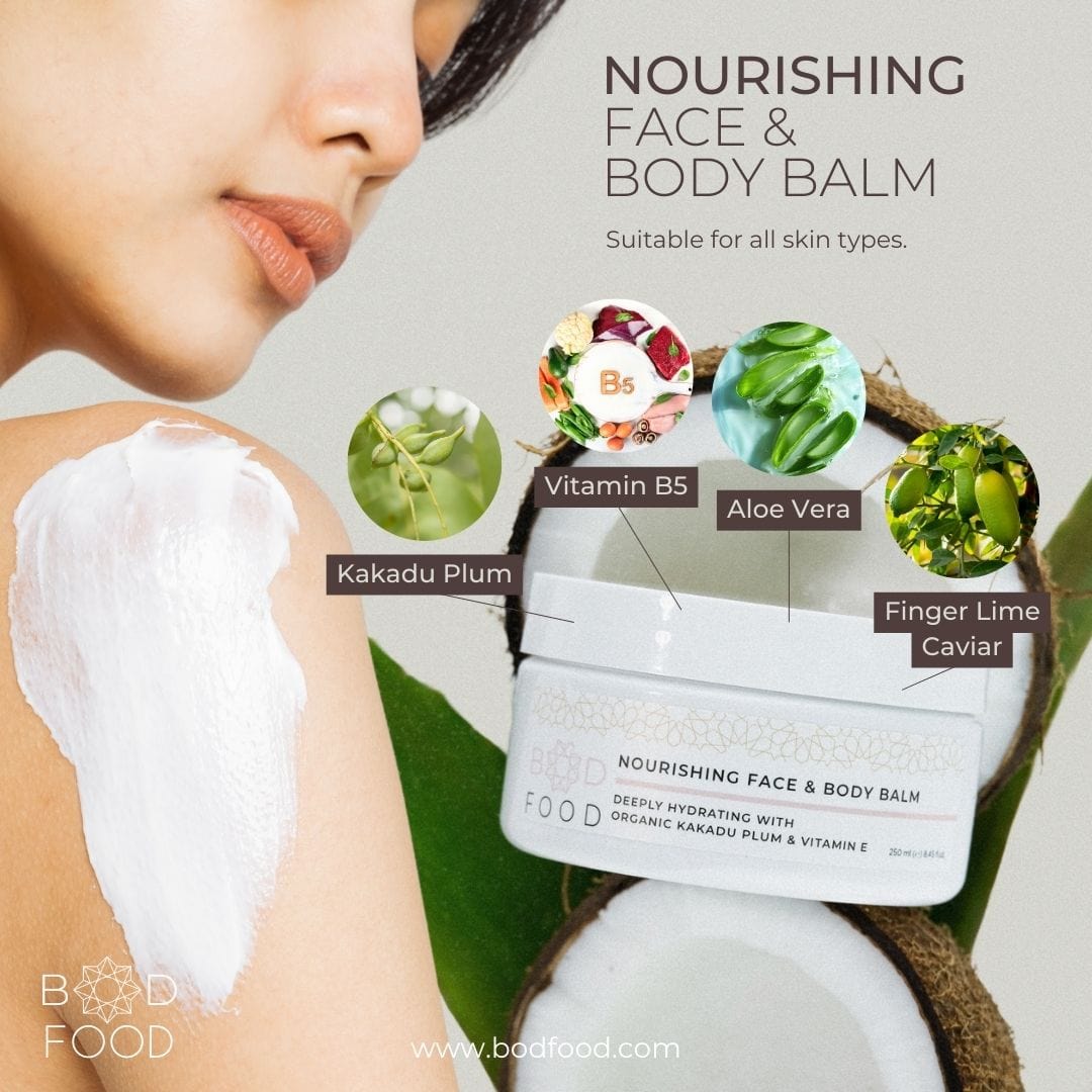 Infographic showing the ingredients found in the Nourishing Face and Body Balm