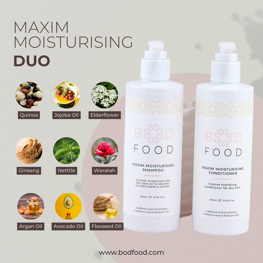 Infographic showcasing the ingredients used and featured in the Maxim Moisturisng Duo product line