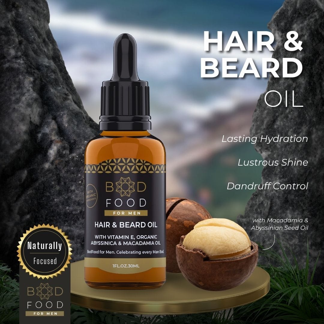 Infographic showing the features and main ingredients found inside Bodfood Hair and Beard Shampoo