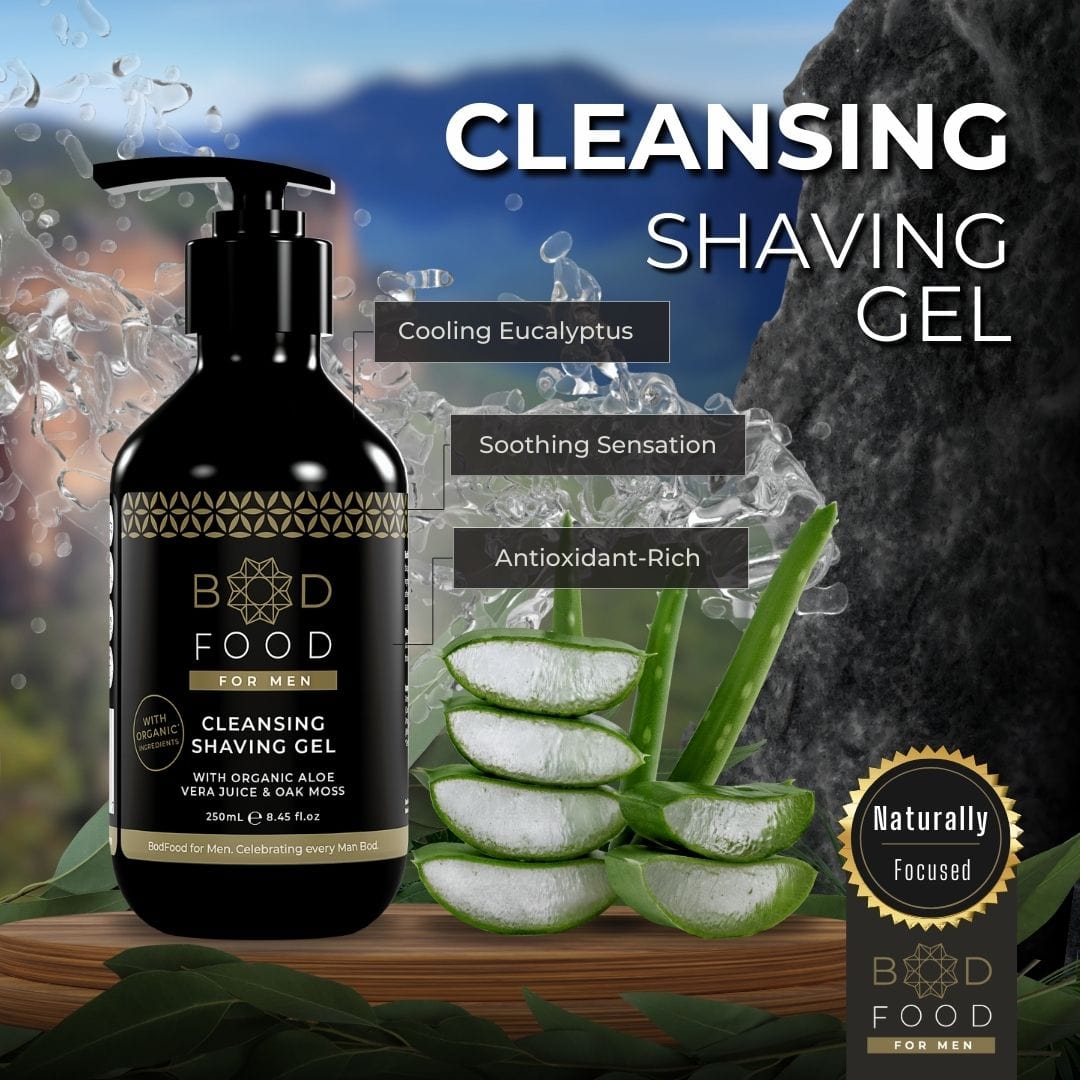 Infographic photo highlighting the features of the Cleansing Shaving Gel