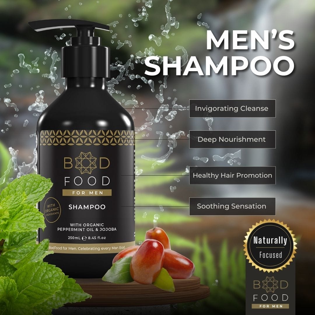 Infographic photo of the Men's Shampoo showing  the features and featured ingredient that can be found inside the shampoo