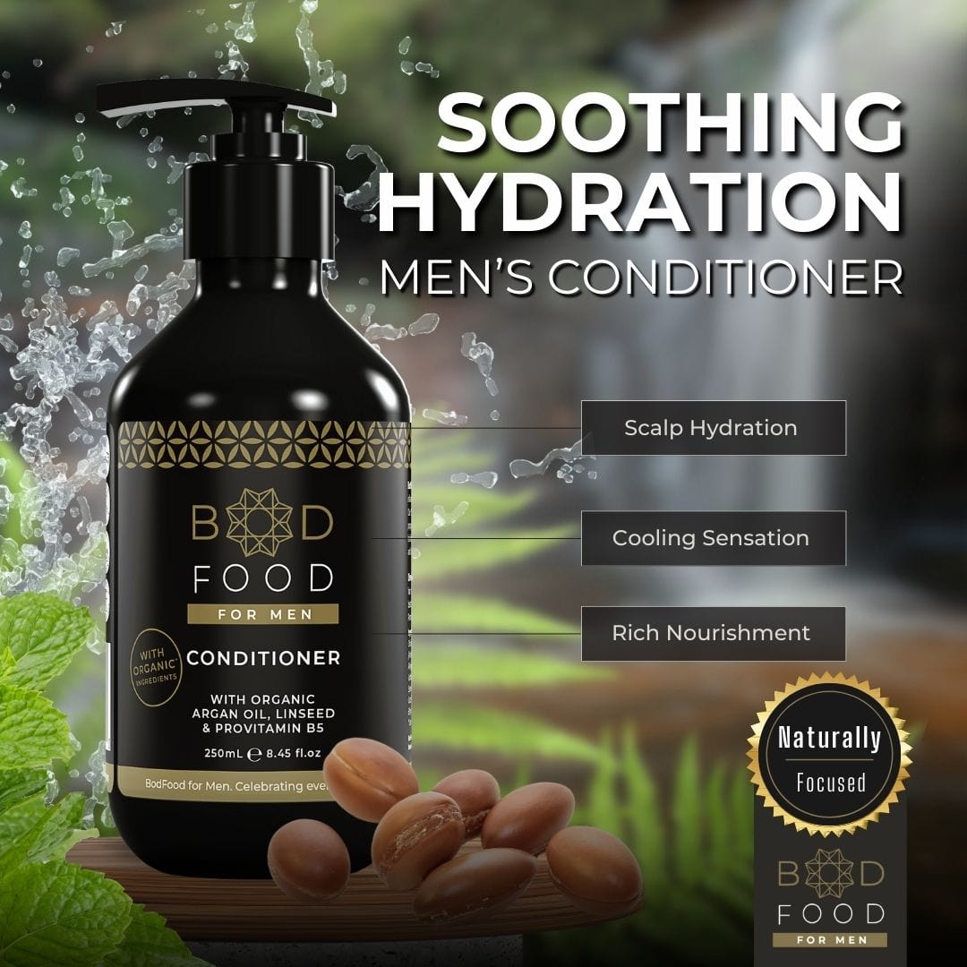 Infographic showing the features and key ingredients of the Men's Conditioner