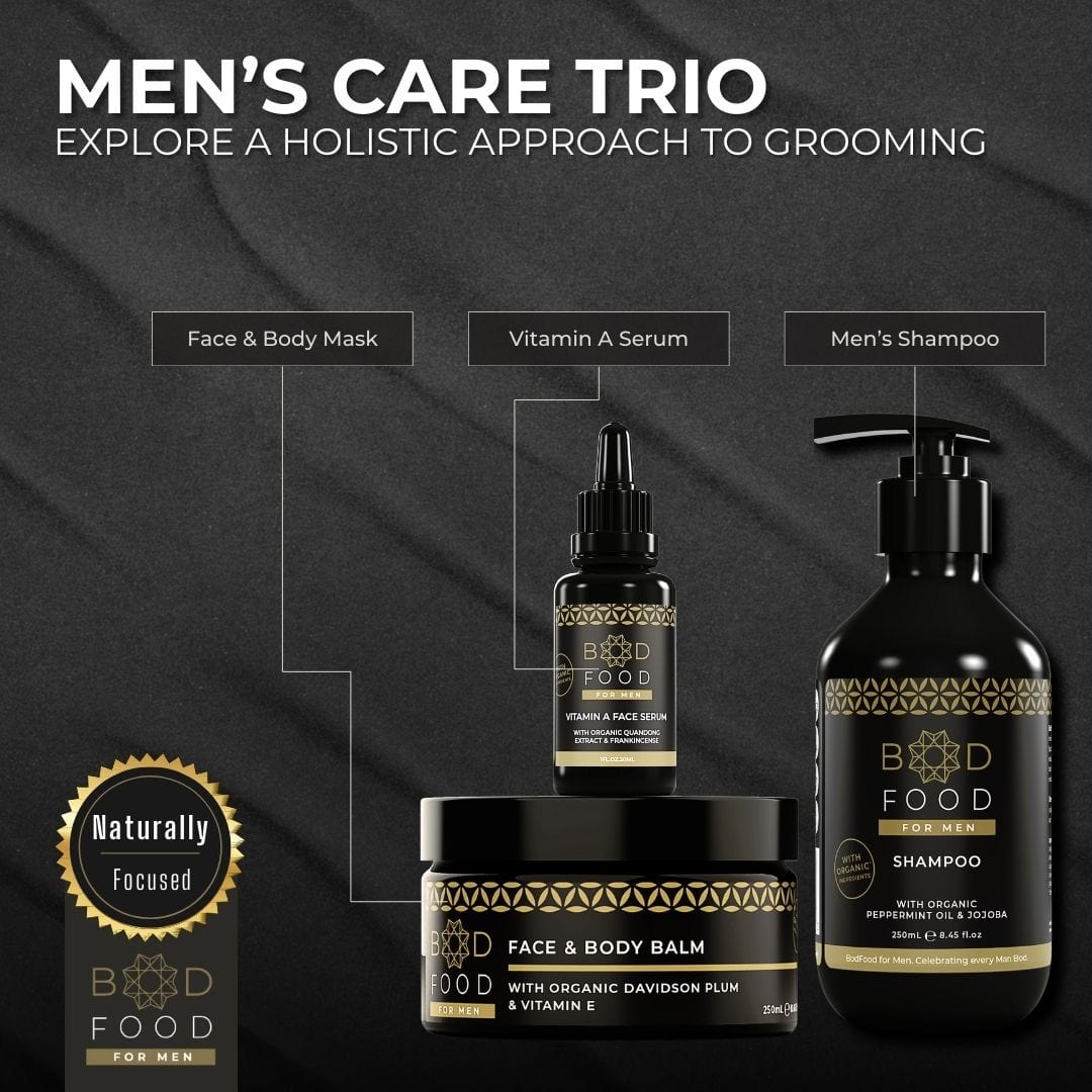 Infographic showcasing the Men's Care Trio product line