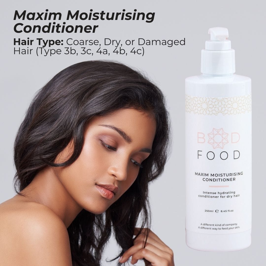 Infographic showing the Maxim Moisturising Conditioner that works best with Coarse, Dry, or Damaged hair (type 3b, 3c, 4a, 4b, 4c)