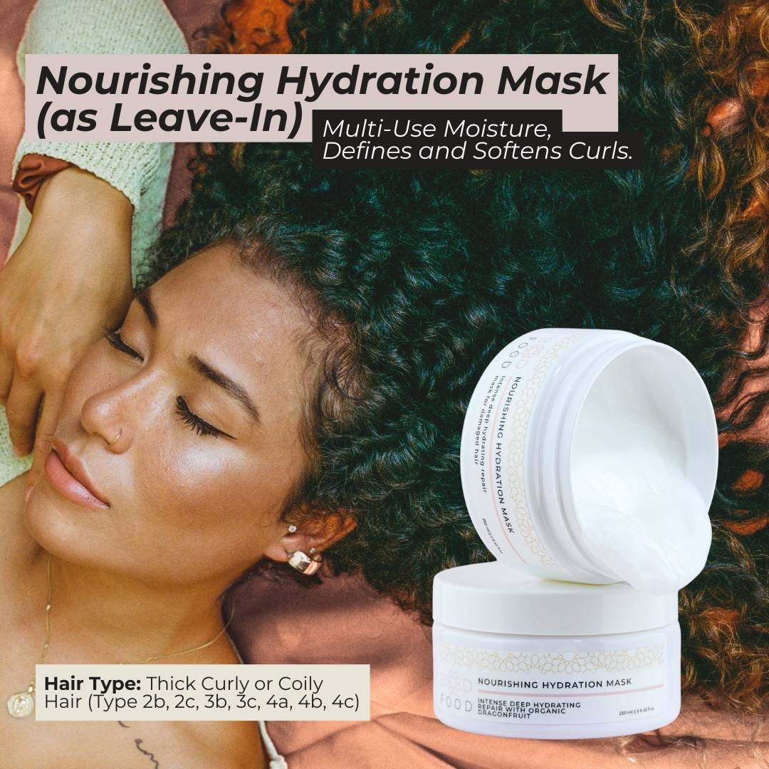 Picture showing the Nourishing Hydration Mask (as a Leave-in), made for Thick Curly or Coily hair (type 2b, 2c, 3b, 3c, 4a, 4b, 4c)